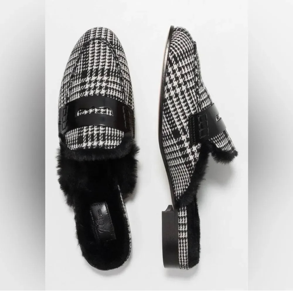 J.Crew Academy Loafer Mule with Faux Fur Lining Black/ Ivory Plaid Fabric